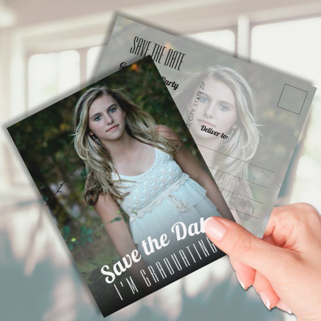 Lodrät Photo Studenten Spara datum Vykort (Photo graduation Save the Date postcards feature your details on the back)