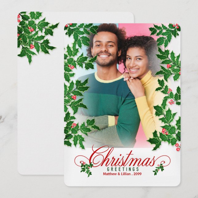 Lodrät Photo till jul Holly och Berries Julkort (Fram/baksida)