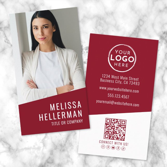 Lodrät Red Contemporary Photo QR Code Logotyp Visitkort (Red Contemporary Photo QR Code Logo Vertical Business Card)