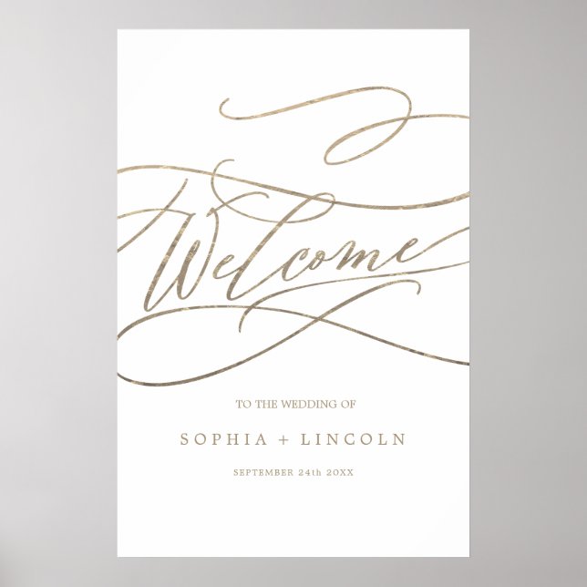 Lodrät Romantic Guld Calligraphy Välkommen Bröllop Poster (Framsidan)