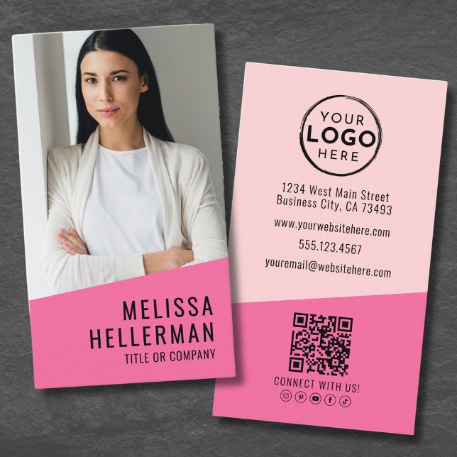 Lodrät rosa Photo QR Code Company Logotyp Visitkort (Pink Photo QR Code Company Logo Vertical Business Card)