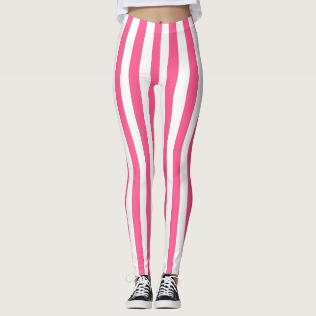 Lodrät Shock rosa och vit Rand Leggings (Framsida)