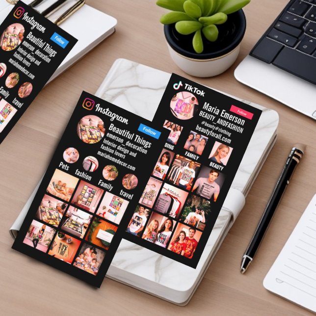 Lodrät tillbaka personlig professionell-instökstik visitkort (Black vertical double sided social media tiktok instagram collage grid layout business card)
