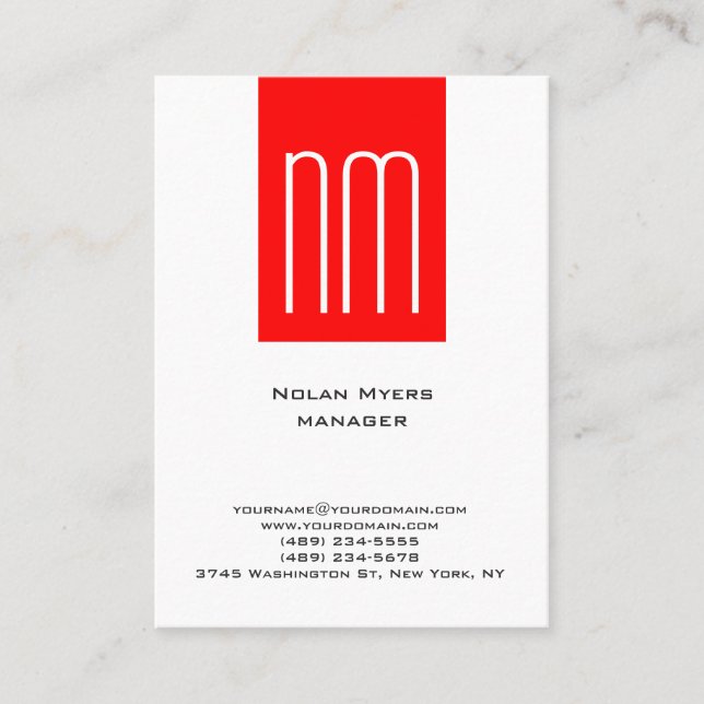 Lodrät unikt, enkelt, vitt, enkelt, monogram visitkort (Framsida)