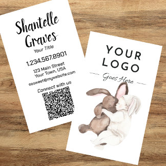 Lodrät Watercolor Baby och Bunny QR-kod Visitkort
