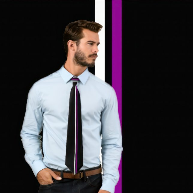 Lodrät White and Lila Rand on Black Necktie Slips (Man wears a tie with 2 thin vertical stripes in purple in white on black.)