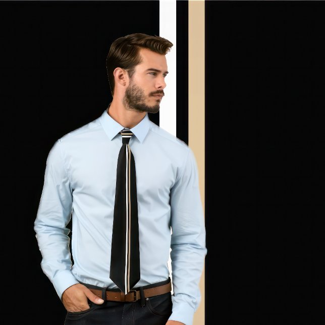 Lodrät White och Tan Rand på Black Necktie Slips (Man wears a necktie with 2 thin vertical stripes, one white and one tan.)