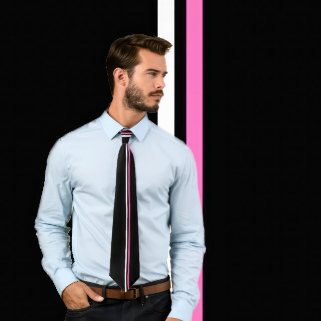 Lodrät White, Shock rosa Rand på Black Necktie Slips (Man wears a black necktie featuring 2 thin vertical stripes in white and hot pink.)