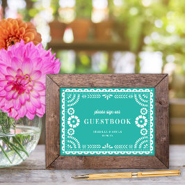 Loely Aqua Papel Picado Bröllop Guestbook-tecken Poster
