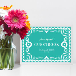 Loely Aqua Papel Picado Bröllop Guestbook-tecken Poster