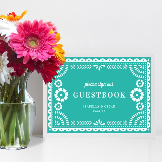 Loely Aqua Papel Picado Bröllop Guestbook-tecken Poster (Skapare uppladdad)