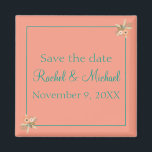 Loely Beach Seashells Spara datum magneter<br><div class="desc">Ett underbart utkast,  det här objektet,  har en persikobakgrund med information skriven i vackert blått teckensnitt. Det finns underbar svält i designen. Anpassa din i dag!</div>