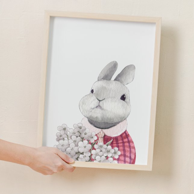 Loely Bunny Flower Holding Woodland Nursery Decor Poster (Lovely Bunny Flower Holding Woodland Nursery Decor)