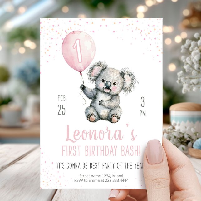 Loely Koala Rosa Balloon 1:a födelsedagen Inbjudningar (Skapare uppladdad)