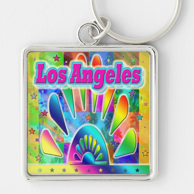 Loely Los Angeles Sol & Handflatan Keychain Fyrkantig Silverfärgad Nyckelring (Framsidan)