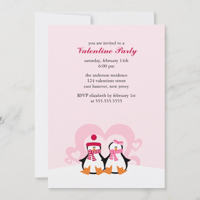 Loely Penguin lite Valentines day Party Inbjudningar (Framsida)