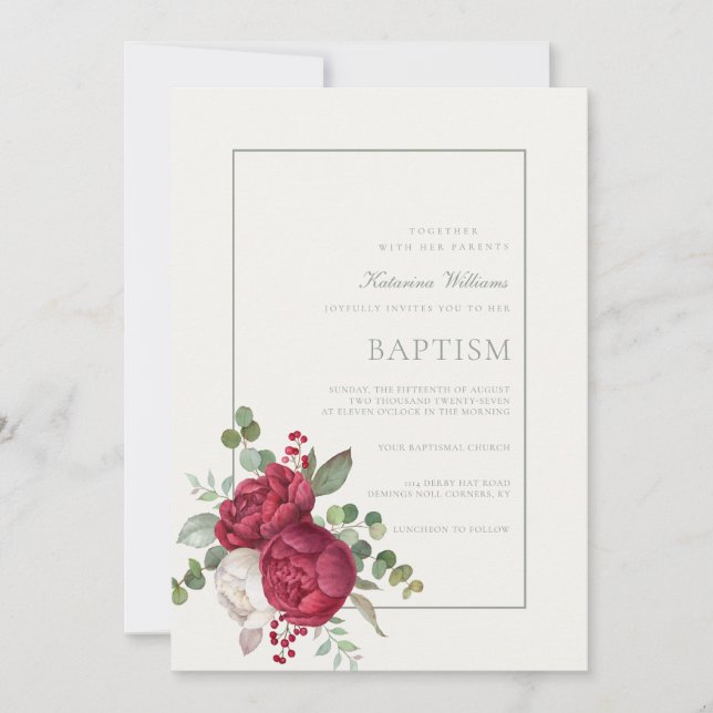 Loely Peonies Sage Grönt Script Ivory Baptism Inbjudningar (Framsida)
