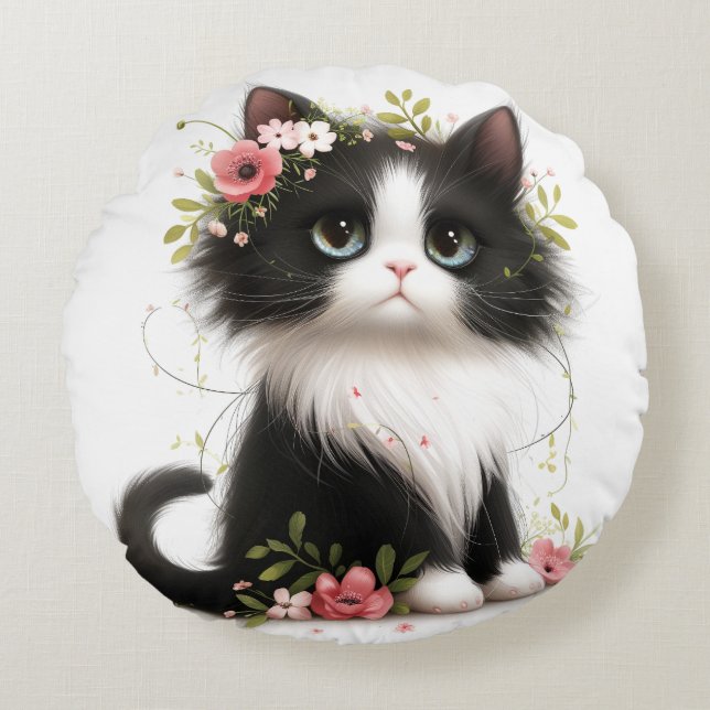 Loely Tuxedo Kitten med Flowers Dekorativ kudde (Framsidan)