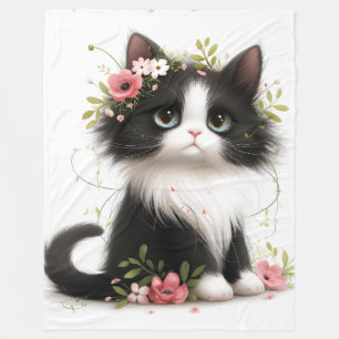 Loely Tuxedo Kitten med Flowers Dekorativ kudde Fleecefilt