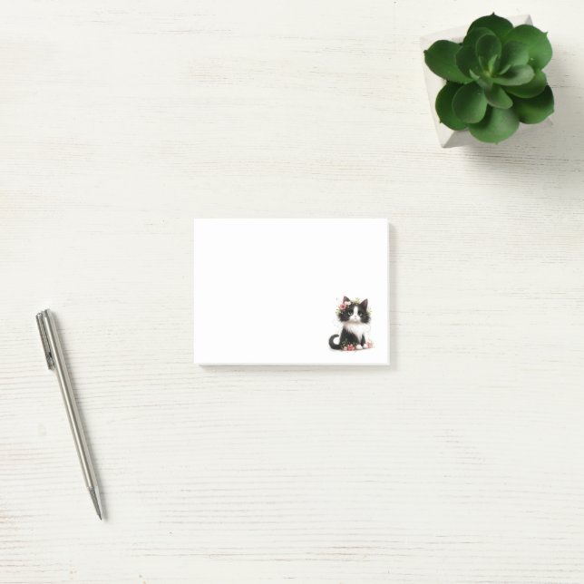 Loely Tuxedo Kitten med Flowers Post-it Block (Kontor)