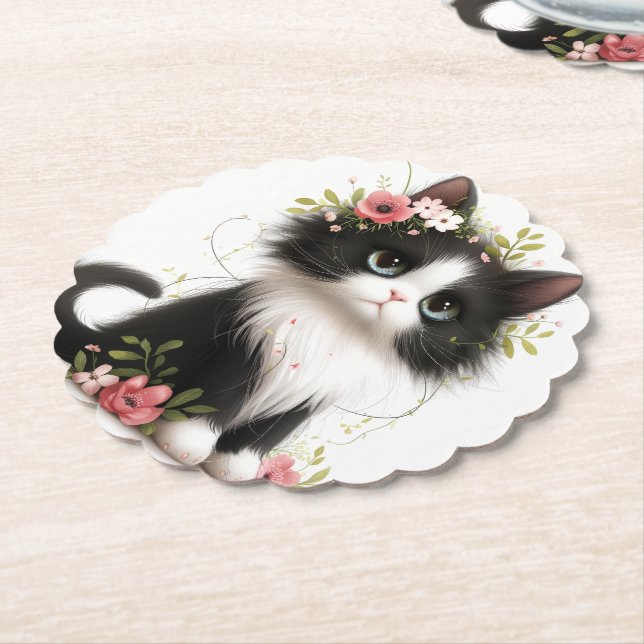 Loely Tuxedo Kitten med Flowers Underlägg Papper (Vinklad)