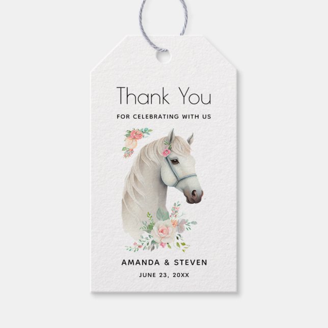 Loely White Horse Boho Blommigt Bröllop Tack Presentetikett (Framsidan)