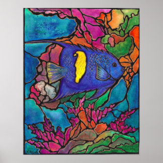 Loely Yellowbar Angelfish Coral Reef Art Painting Poster