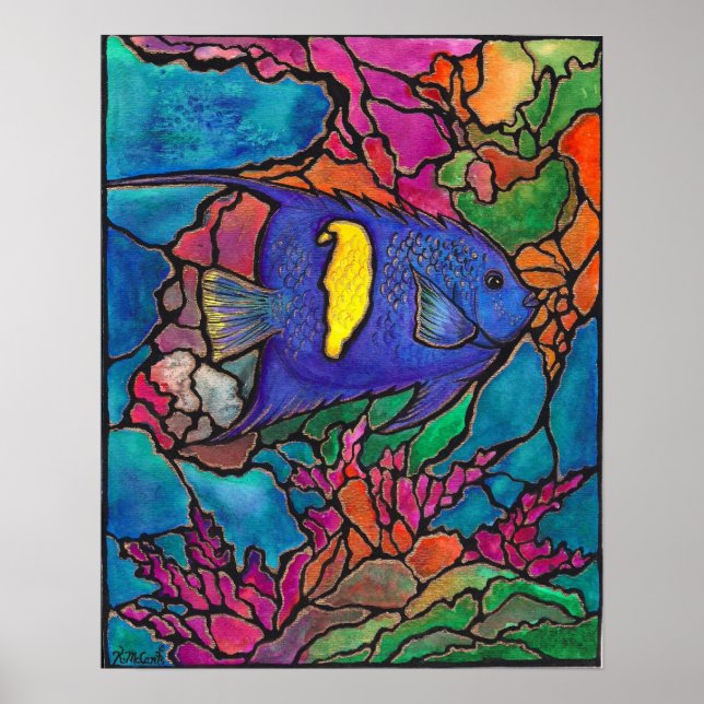 Loely Yellowbar Angelfish Coral Reef Art Painting Poster (Framsidan)
