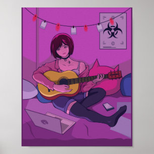 Lofi Anime Art Spela Guitar Poster