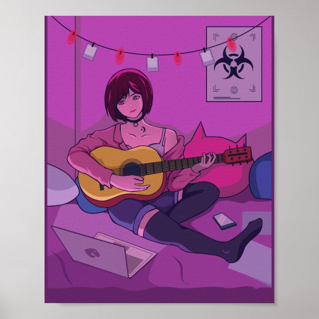 Lofi Anime Art Spela Guitar Poster (Framsidan)
