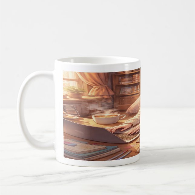 Lofi Anime Girl Studying with Coffee Wraparound Mu Kaffemugg (Vänster)