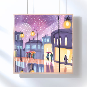 Lofi Regnig Promenad   Färgrika Stadsljus Vattenfä Poster