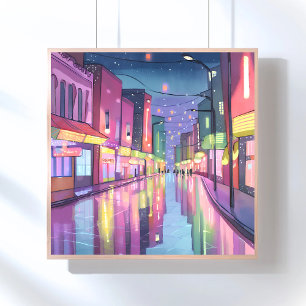 Lofi Stad Nattljus   Färgrik Akvarell Poster