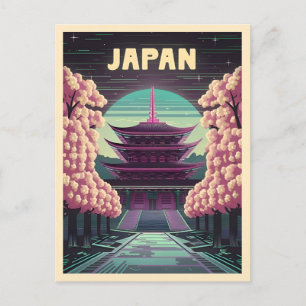 LoFi Vaporwave Retro 80-tal Japansk Tempelsakura Vykort