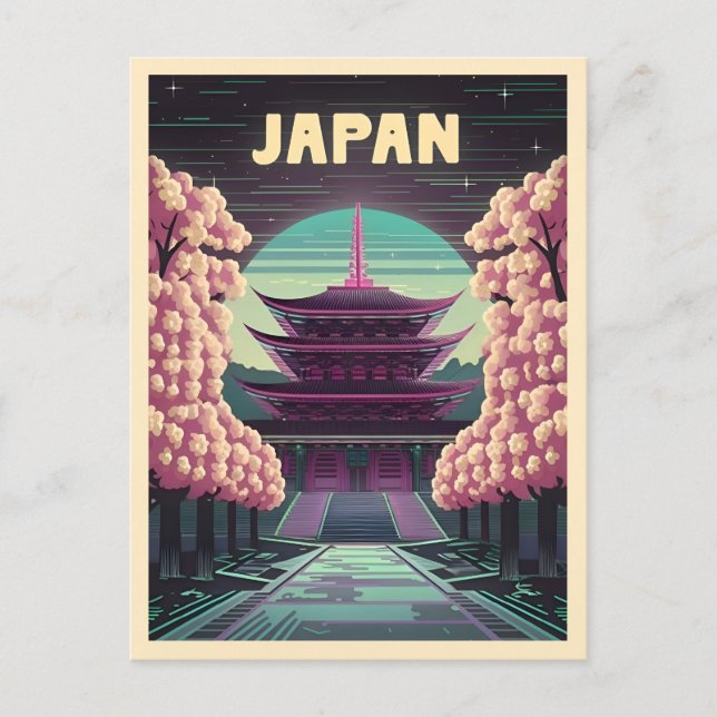 LoFi Vaporwave Retro 80-tal Japansk Tempelsakura Vykort (Framsida)