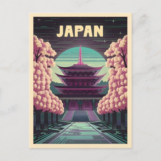 LoFi Vaporwave Retro 80-tal Japansk Tempelsakura Vykort (Framsida)