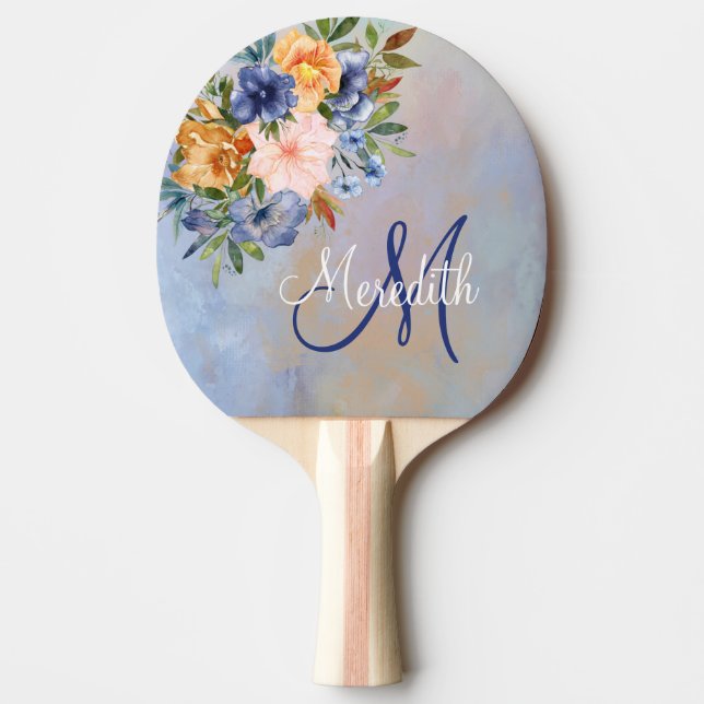 Loful Rosa Soft Pastel Flowers Monogram Namn Pingisracket (Framsidan)