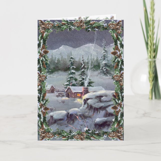 LOG CABIN & FIR BOUGHS by SHARON SHARPE Helgkort (Framsida)