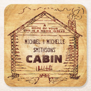 Log Cabin Personlig Namn Faux Wood Vintage Underlägg Papper Kvadrat