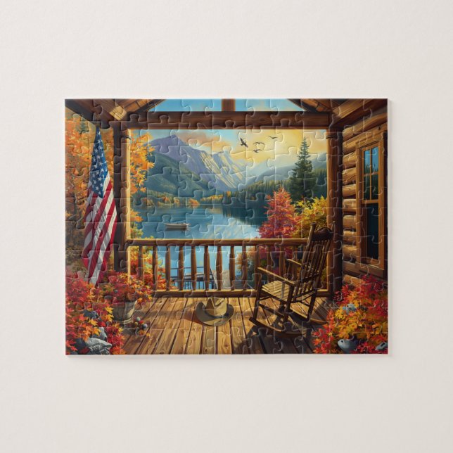 Log Cabin Porch Autumn Mountain Lake View Pussel (Horisontell)
