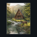 Log Cabin, Stream and Deer, Father's Day Vykort<br><div class="desc">A postcard to say hi to friends and family with a wilderness nature theme. The illustration is an a-frame log cabin out in the mountains and woods with a deer next to a rippling stream.</div>