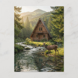 Log Cabin, Stream and Deer, Father's Day Vykort
