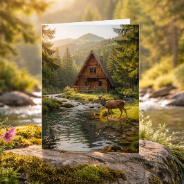 Log Cabin, Stream and Deer, Happy Birthday Kort