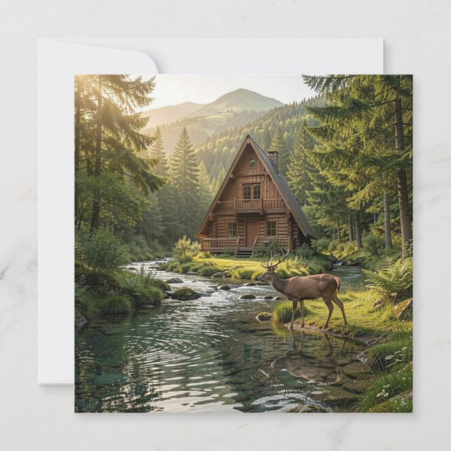 Log Cabin, Stream, Mountains and Deer Nature Art (Framsida)