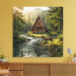 Log Cabin, Stream, Mountains and Deer Nature Art Canvastryck