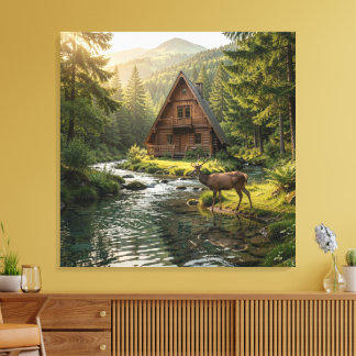 Log Cabin, Stream, Mountains and Deer Nature Art Canvastryck