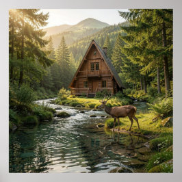 Log Cabin, Stream, Mountains and Deer Nature Art Poster