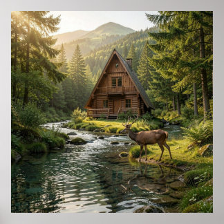 Log Cabin, Stream, Mountains and Deer Nature Art Poster