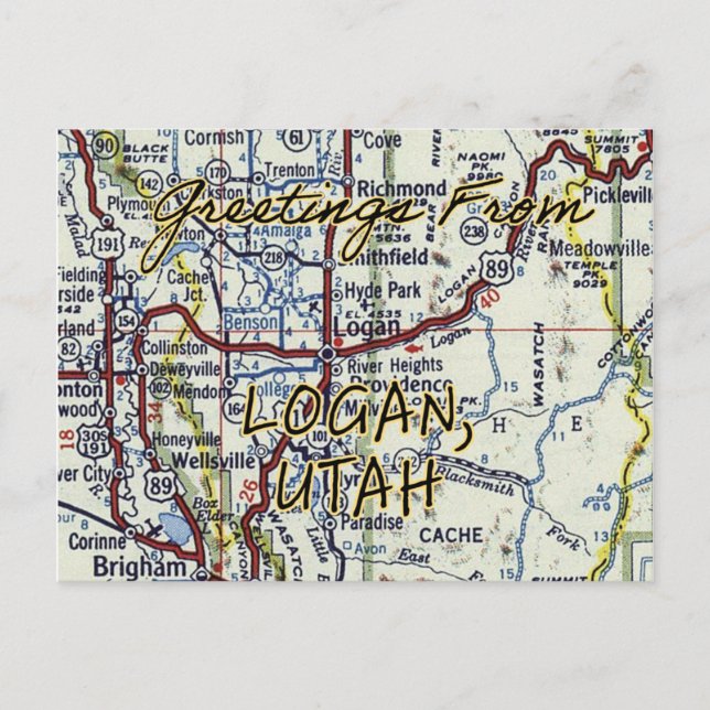 Logan Utah Vintage Karta Vykort (Framsida)