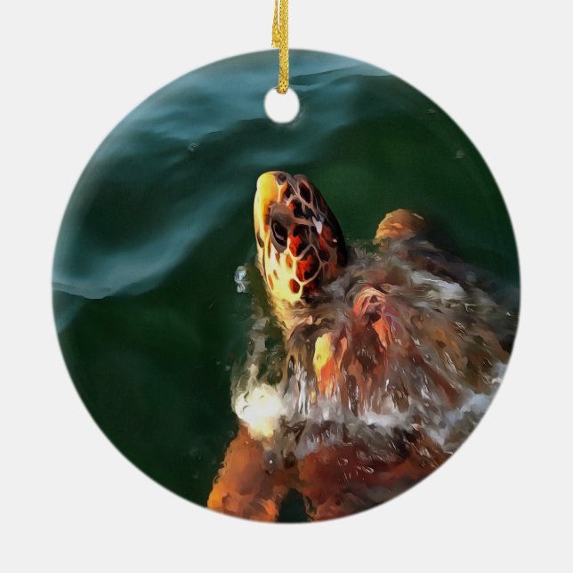 Logarhead Sea Turtle Artistic Porträtt Julgransprydnad Keramik (Baksidan)